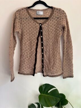 Beige Sequin Openwork Knit Cardigan with Velvet Trim